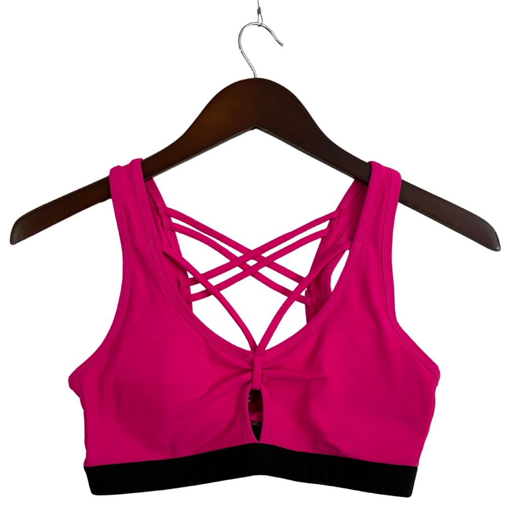 Bebe Sport Women Sports Bra Hot Pink Black Strappy Criss Cross Back Activewear